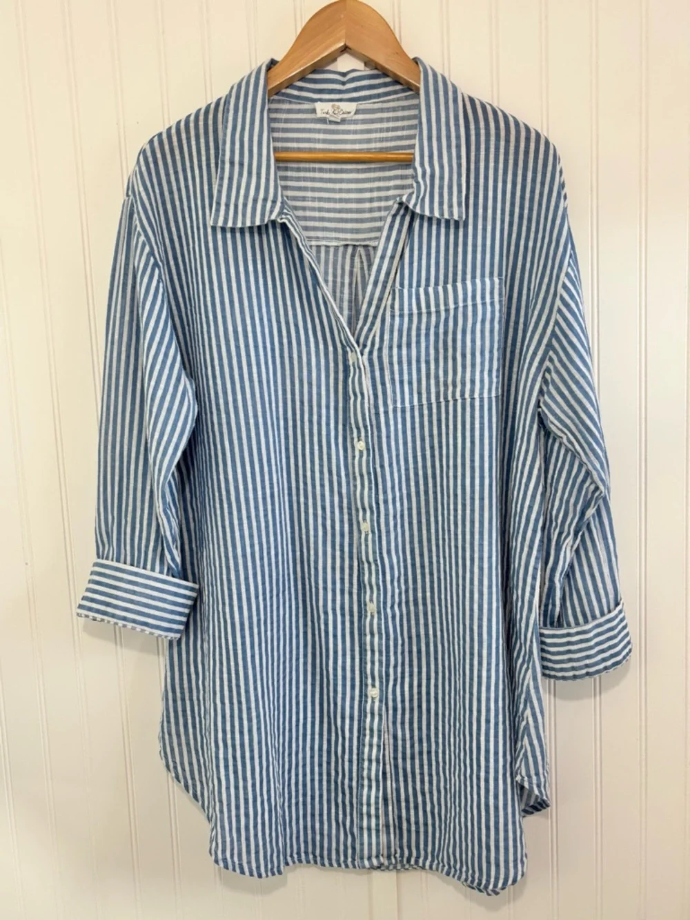 Turks & Caicos Blue White Stripe Cotton Button Down Swim Cover Up Shirt Size XL